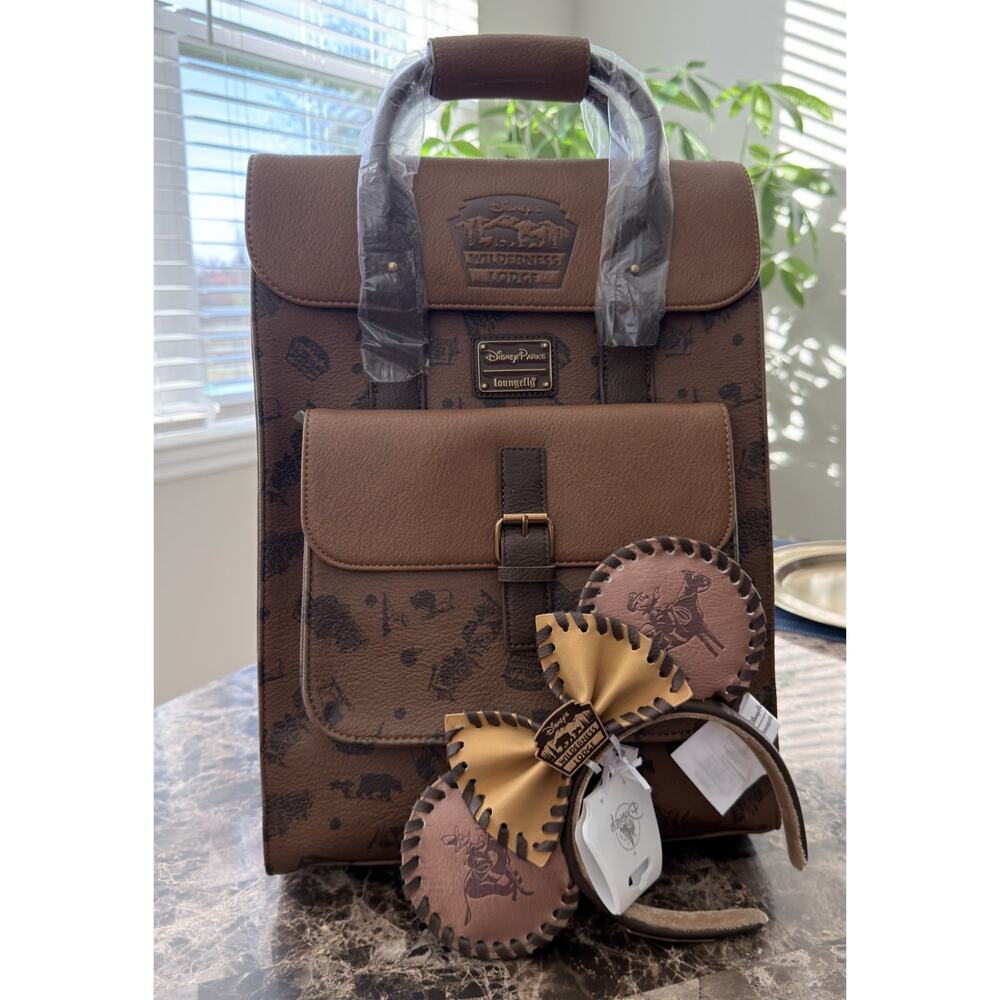 Disney Parks x Loungefly Wilderness Lodge Resort Embossed Backpack & Ear Set NEW